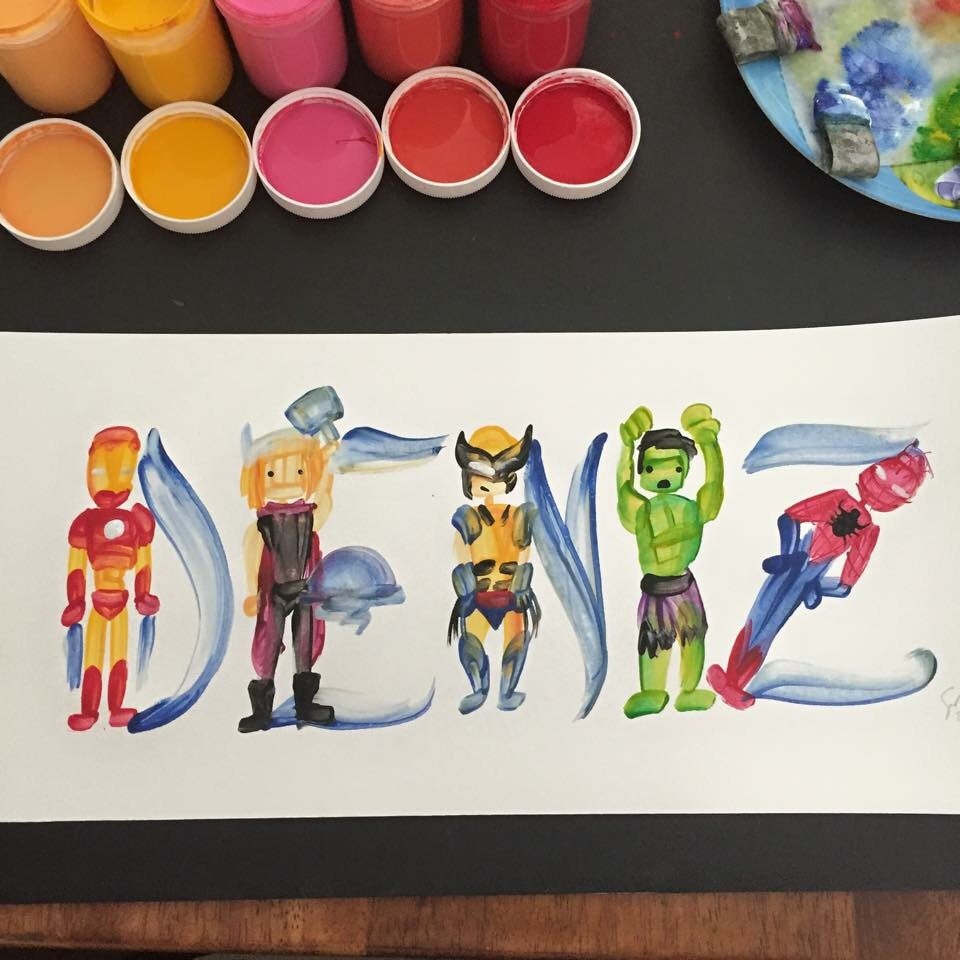 Super heros painted for the full name "DENIZ"